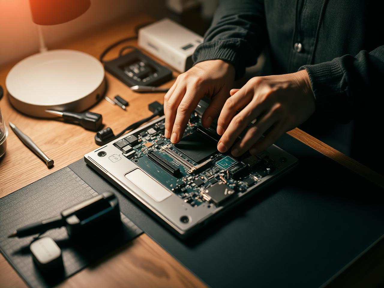 Sablefir technician replacing a laptop drive on an anti-static bench