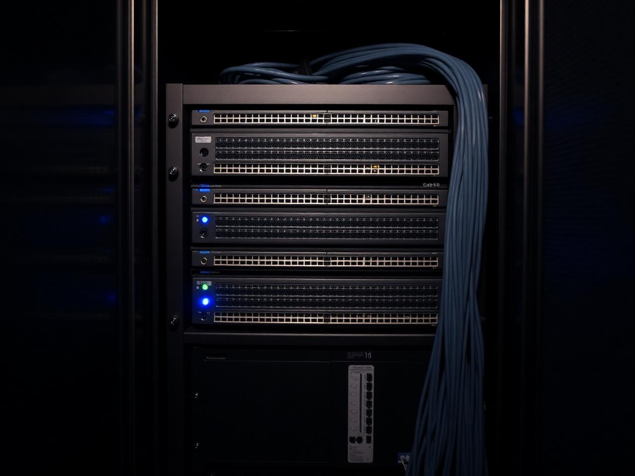Tidy network rack with labelled switches installed by Sablefir Systems